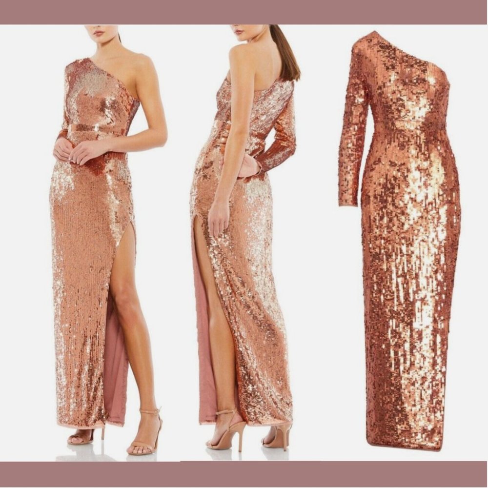 NWT $498 Mac Duggal‎ [ 6 ]Sequin One-Shoulder Long sleeve Column Gown Copper